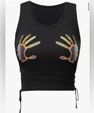 Shein Graphic Handprint Sleeveless Drawstring Ruched crop tank, size small. thumbnail 4
