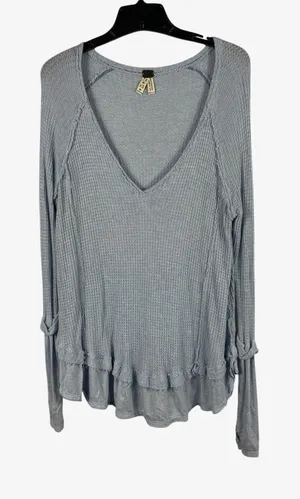 Free People We The Free Laguna Thermal Top XS Dusty Blue Oversized Waffle Knit thumbnail 1