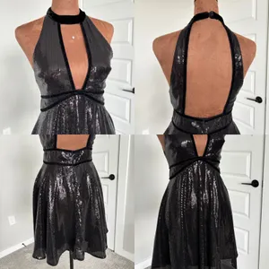 Free‎ People Film Noir Black Sequin Halter Mini Dress Velvet Trim Open Back US 2 thumbnail 2