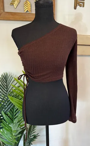 SHEIN Brown Ribbed One-Shoulder Crop Top thumbnail 1