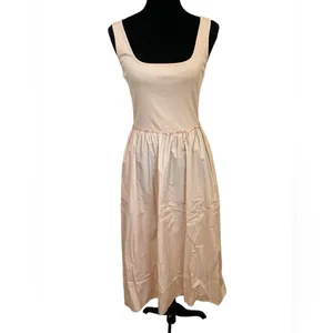 Tan Square neck sleeveless stretch knit bodice poplin skirt midi dress thumbnail 2