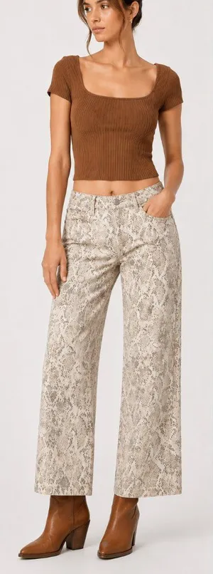 NWT Wild Fable Low Rise Baggy Wide Leg Snake-Print Jeans White Tan Size XXS thumbnail 1