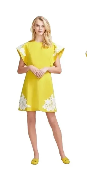 Pearl by Lela‎ Rose Stretch Cotton Lace crochet Detail Dress in yellow white 6 thumbnail 1