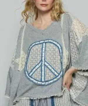 POL Gray Knit Top with Intricate Lace thumbnail 1
