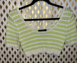 Cider green and white striped pointelle knit short-sleeve sweater with scalloped thumbnail 1