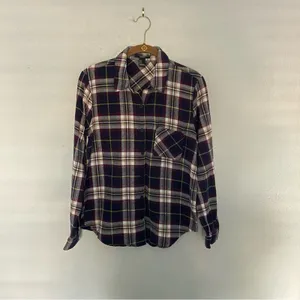 Women’s Plaid Flannel Shirt Button Up Navy & Mustard thumbnail 2
