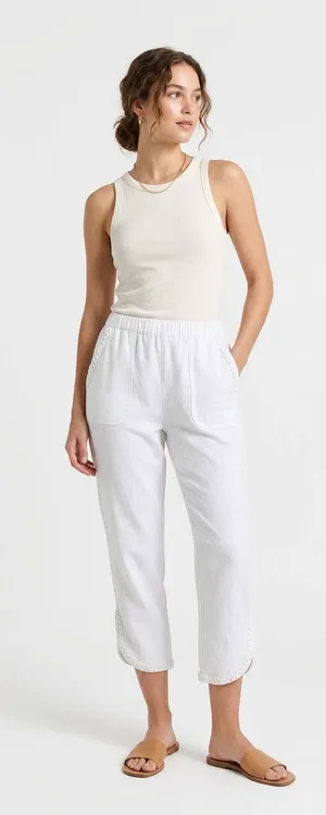 Women’s Braided Hem Stretch French Terry Capri - White thumbnail 1
