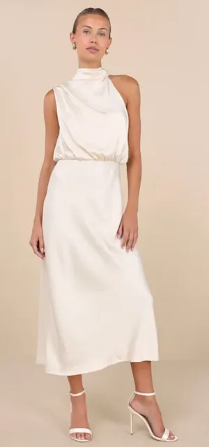 Lulus Champagne Crinkle Satin Mock Neck Sleeveless Midi Dress thumbnail 1
