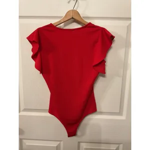 TCEC Women's Red Flutter Sleeve Bodysuit V Neck Romantic Feminine Top, M thumbnail 6