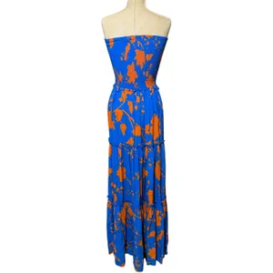 Abel The Label XS Maxi Dress Blue Orange Floral Smocked Strapless‎ Wedding Guest thumbnail 5
