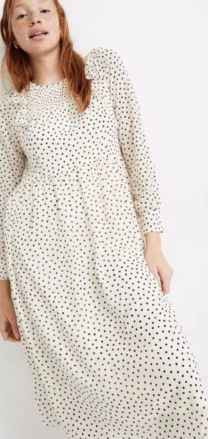 Madewell Cream Midi Dress with Black Polka Dots thumbnail 1