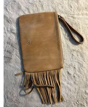 Ariat Tan Leather Fringe Wristlet Clutch with Studded Strap thumbnail 8