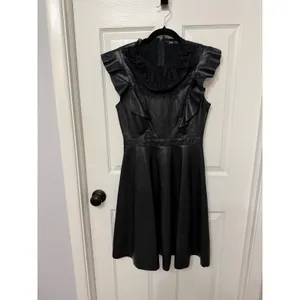 Zara Black‎ Faux Leather Lace Trim Ruffle Midi Dress Sleeveless Small thumbnail 2