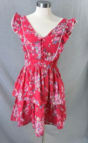 Betsey Johnson Mini Dress Red Floral Tiered Ruffle Lace Trim XS thumbnail 1