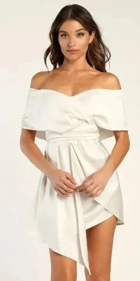 Lulus Always Celebrating Ivory Satin Off-The-Shoulder Mini Dress Size‎ M thumbnail 1