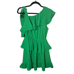 Zara Dress M Green One Shoulder Tiered Ruffle Mini Romantic Tropical Vacation thumbnail 5
