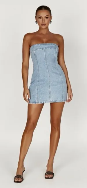 Meshki Women's XL Teddi Denim Strapless Mini Dress Blue Casual Summer thumbnail 1