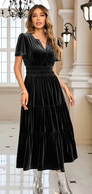 THML NEW Black Velvet Velour Tiered Maxi Dress Puff Sleeve Boho Cottagecore S thumbnail 1