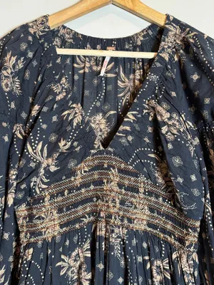 Free People Golden Hour Floral Maxi Dress Women's XS Black Ruffle Smocked Boho thumbnail 10