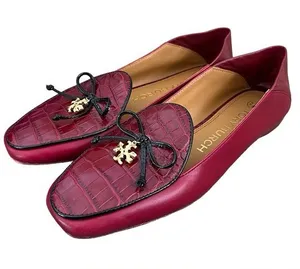 Tory Burch Red Croc Embossed Charm Trim Bow Loafers Mule Flats Size 7 thumbnail 1
