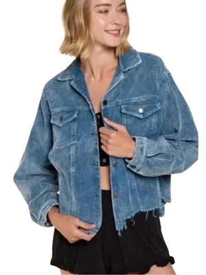 POL Clothing Blue Distressed Frayed Hem Corduroy Trucker Jacket M EUC thumbnail 1