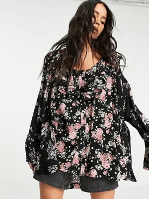 Nwt Free People Loretta Printed Tunic Floral Printed Blouse Black Combo - M thumbnail 5