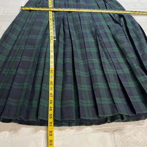 Vintage Tartan‎ Plaid Maxi Dress Womens 4 Green Navy Pleated A-Line Gold Buttons thumbnail 3