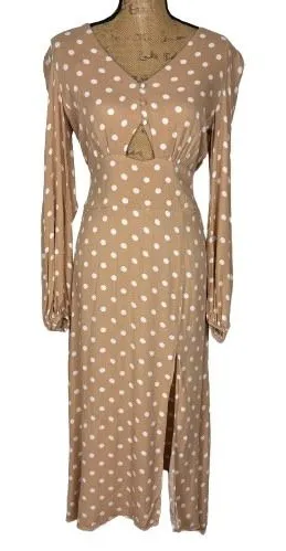 AFRM Kimmy Midi Dress Cutout Slit Tan White‎ Polka Dot Long Sleeve Size Medium thumbnail 1