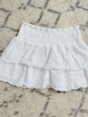Tiered White Eyelet A-Line Mini Skirt with Smocked Waist thumbnail 3