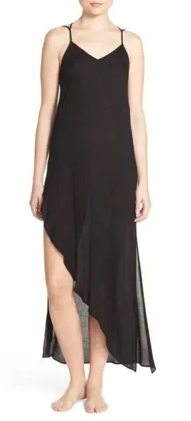 Free People Black Long Crisscross-Back Nightgown with Asymmetric Hem 100% Rayon thumbnail 1