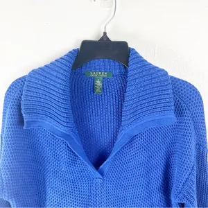 LAUREN RALPH LAUREN Blue Waffle Knit Long Sleeve V-Neck Sweater Small Cabincore thumbnail 5