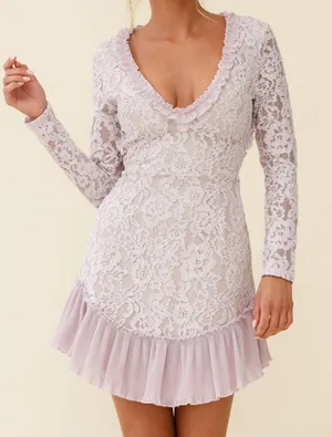 Selfie Leslie Isabella Long Sleeve Open Back Lace Dress Blush thumbnail 1