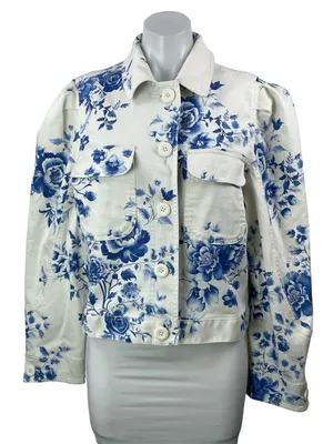 NEW Anthropologie Maeve White Blue Floral Long Sleeve Denim Jean Jacket Size M thumbnail 1