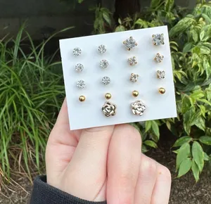 9 Pairs Gold faux Diamond Stud Earrings Bundle thumbnail 2