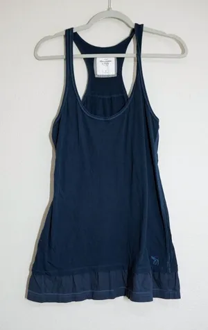 Vintage Abercrombie & Fitch Women's Long Tank Top Navy Blue Ruffle Hem Racerback thumbnail 1