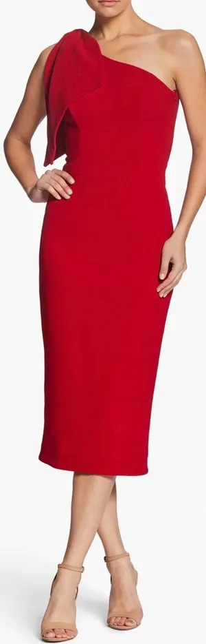 NWOT DRESS THE POPULATION Tiffany One-Shoulder Red rogue Midi Dress sz S thumbnail 1