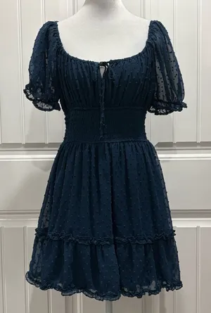 Altar'd State Navy Swiss Dot Puff Sleeve Mini Dress thumbnail 1