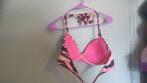 Victoria's Secret halter designed bikini bra top in pink, brown and black size 38C. thumbnail 6