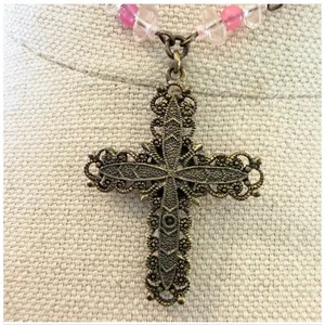 Vintage Victorian Revival Jeweled Cross Necklace Pink Green Rhinestones Beaded G thumbnail 9