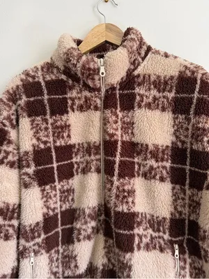 OFFLINE by Aerie Plaid Sherpa Fleece Quarter Zip Pullover Sweater Size Large Tan thumbnail 4