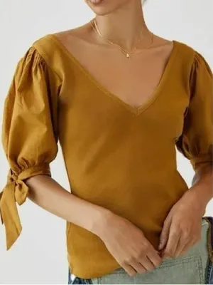 Anthropologie Puff Sleeve Blouse Size Small Ribbed Top thumbnail 1