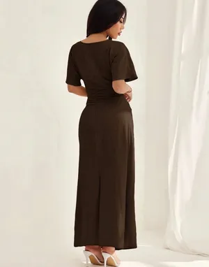 Dark Brown Round Neck Short Sleeve Waist-Defining Maxi Dress thumbnail 2
