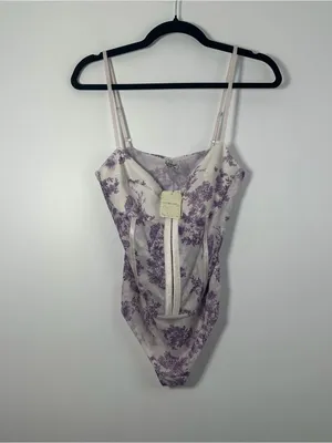 Free People Intimately Ivory Purple Floral Mesh Corset Bodysuit Size Large NWT thumbnail 2