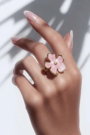 Women’s Gorgeous Pink & Gold Flower Design Statement Adjustable Ring Size 6-9 thumbnail 1
