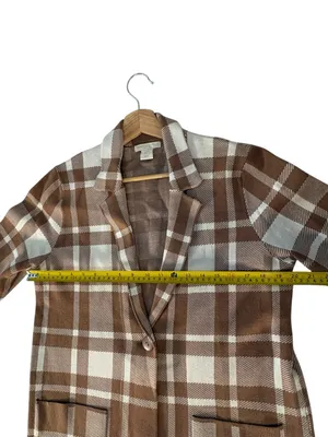 Christian Siriano Women L Plaid Knit Blazer Tan Cream Longline Preppy Office thumbnail 12