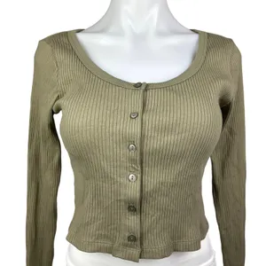 Uniqlo Women's Olive Green Ribbed Button Up Cropped Top Sweater Cardigan Size S thumbnail 4