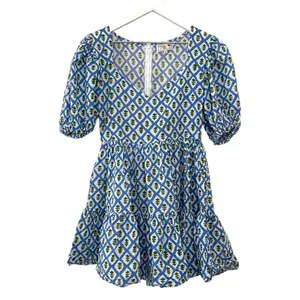 Mille Aneli Blue & Green Block Print Puff Sleeve Mini Dress Size XS thumbnail 4