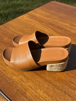 Aerosoles Brown Leather Slide Sandals Block Heel Espadrille 5.5 thumbnail 3