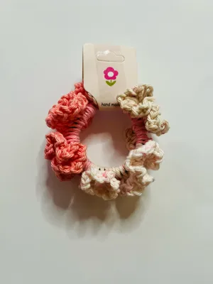 Handmade Crochet Ruffle Hair Scrunchie Pink Blush Cream Cotton Cottagecore NWT thumbnail 3