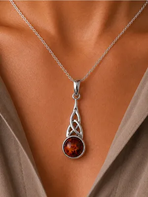 Estate Sterling Silver Celtic Knot Baltic Amber Necklace w/ Sterling Plate Chain thumbnail 2